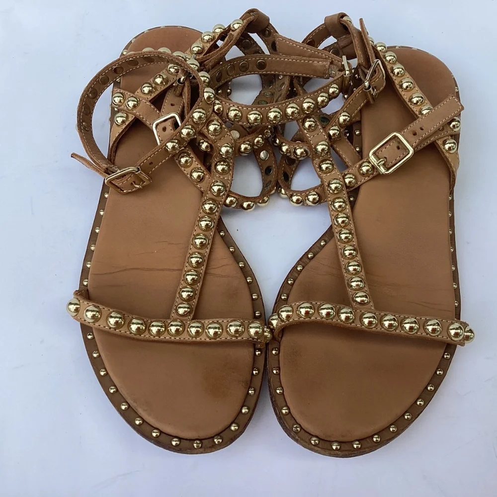 Ash Tan Leather Studded Gladiator Sandals with Gold Studs